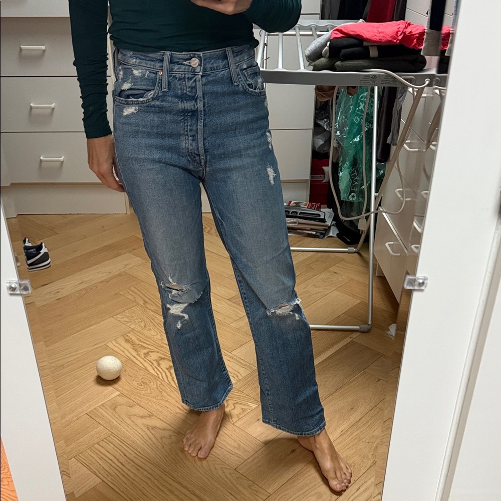 MOTHER Distressed Blue Straight Leg Jeans
